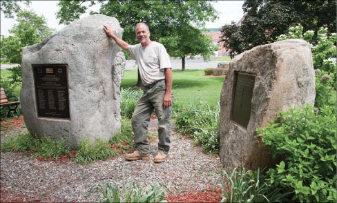  In 2002, Mike built a memorial (left) to honor the 78 local victims who died in the 911 World Trade Center attack. “It’s a local eleven-ton boulder with an eagle (modeled from the old Penn Station in New York City) and a flag carved on the back and a plaque in front. It pretty much follows the way the stone was. It had been dug up at a local construction site, and I used the more pristine side for the plaque. It is called Hornblende granite, and it is a glacial erratic. It’s dated at 1.2 billion years old and was part of the Appalachians.” In 2012 Mike was commissioned to build the memorial on the right.