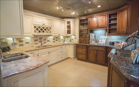 The AGS Stone showroom uses color samples, fixtures and vignettes to showcase their countertop and cabinet prowess. The Tampa Bay market is mostly 3cm, doing very little 2cm. With a 5% Marble, 75% granite, 20% engineered stone sales ratio, AGS Stone on any given day only keeps 50-70 slabs in stock – those are mostly exotics, according to company President Gary Rogers. 