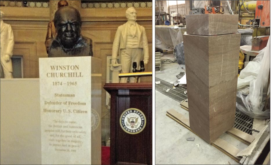 Above, Left: The bust of Churchill, installed in a prominent location at the U.S. Capitol Building, in 2013.  Sourcing historic and difficult-to-find stone for replication, repair and restoration is an area where Hilgartner Stone Company excels. Above, right: Square column of Tennessee Rose marble, a stone that was used extensively throughout government buildings and public spaces in Washington D.C. .