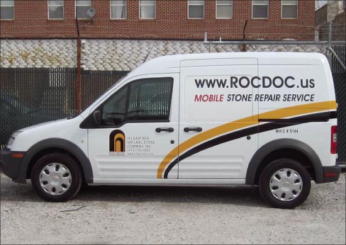 The RocDoc van is fully outfitted to repair and restore stone. Unlike modern M.D.s, it does make house calls.