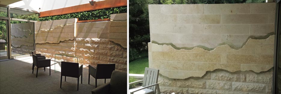 Serenity contemplation  wall at the Gilchrist Hospice Center, in Towson, Maryland, uses several varieties of Jerusalem stone, prized for its warm, honey-brown color. The Serenity Wall incorporates a stone fountain and extends through a glass wall, continuing the pattern. Hilgartner imported this stone especially for this project, and processed, chiseled  and fabricated in their own factory.