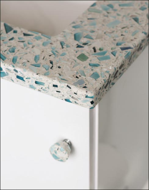 Floating Vetrazzo Blue Seapearl Finish Vanity and Hardware by Toni Sabatino Design