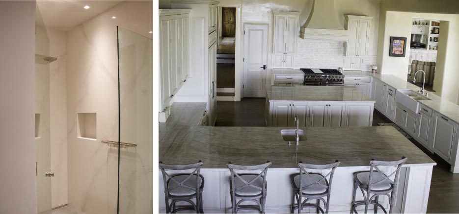 Above, Left: Caesarstone Calacatta Nuvo 2cm shower surround in a 2016 Parade of Homes model residence by Apple Construction includes custom features like mitered niches, a linear drain, recessed LED lighting… and a Caesarstone ceiling.   Above, Right: This Taj Mahal Quartzite kitchen was fabricated and installed for Woods Design Builders in the 2016 Parade of Homes and won the “Best Craftsmanship” award.