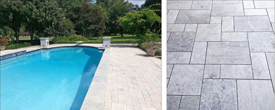 Left: Pool coping and pavers in fleuri cut grace this residential retreat. Right: Mixing fleuri and linear cuts in a pattern for irregular-sized pavers draws attention to the swirling, dynamic surfaces.