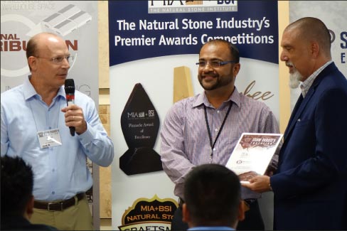 Left to right: David Madonia, publisher of  Stone World magazine, host Shamin Patel, and Jon Danese, VP of MS International, Inc.