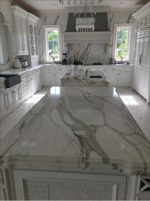 This full marble kitchen will need a scheduled maintenance program in place to ensure the lasting beauty of this easily-damaged surface.  The owners should be encouraged to follow a regular cleaning schedule, and a program of annual or bi-annual sealing will be a must.