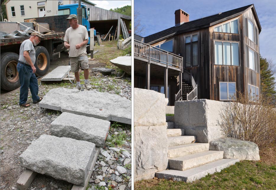 Above: Dan Ucci shapes granite with a hand chisel, adding final touches to a fireplace surround. Above, Left: Ucci shows Maine Stone Workers Guild member Norman Casas the mitered joints used instead of simple butt joints on the legs and massive lintel of this fireplace project. Photos (2) by Peter Marcucci Above, Right: Huge Maine granite quarry blocks were delivered to the site and then hand fabricated to create these custom retaining walls and stone steps for a Maine house overlooking the sea. 