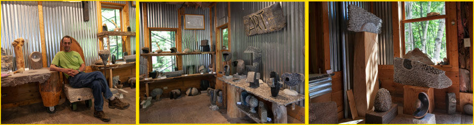 Above, left: Herrington, seated on one of his hand-made chairs in the gallery section of his studio, which includes rustic, functional furniture as well as smaller, more detailed stone and wood sculptures. Above, middle and right: There are usually well over 100 pieces on display. “My studio and gallery are open to the public by appointment or chance,” says Mark.