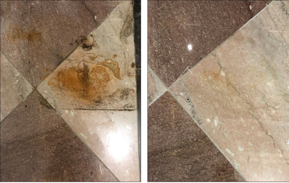 Rust stain on Tennessee  Pink before and after polishing with Majestic 5X Gold. Tennessee Pink marble has a naturally high iron content.