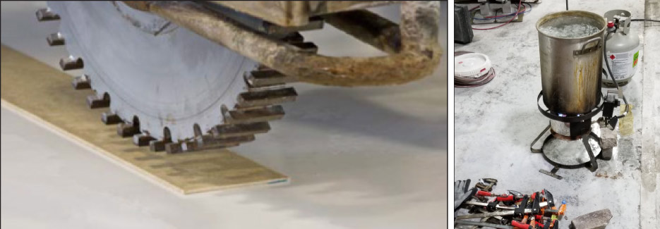 Above, left: Milling reduces the thickness to between 1/4 and 1/8-inch. The tighter the curve, the thinner the work piece will need to be.   Above, right: A standard turkey fryer will work just fine to boil water. The goal is to raise the core temperature of the milled slab. The water needs to be boiling to make sure it doesn’t cool too much in transfering from the pot and pouring on the work piece. This is a job for three workers: one to pour, and two to evenly bend the piece, and tighten the clamps.