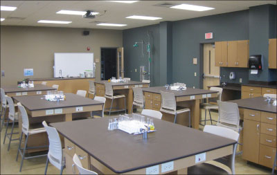 PaperStone Mocha tops installed in the Concordia University Science Lab, Mequon, Wisconsin. As a chemically resistant, UL Class A fire-rated material, PaperStone is a suitable and attractive material for science lab tables.