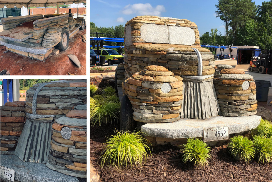 Miller hauled the Barre granite pieces to the site in a trailer. An aquatic specialist has made a water feature that pours into the back window, then into the bed, then cascades in a series of waterfalls, to eventually spill into a pond. 