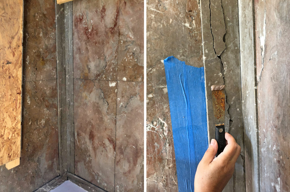 Above, left: The marble framework and trim in this corner is cracked from upheaval and foundation settling. Above, right: Applying color-matched K-Bond polyester  adhesive to cracks prior to polishing and blending.