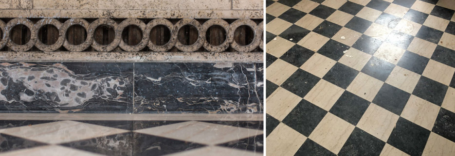 After years without proper care, all of the checkerboard white and black marble floors needed honing and polishing.