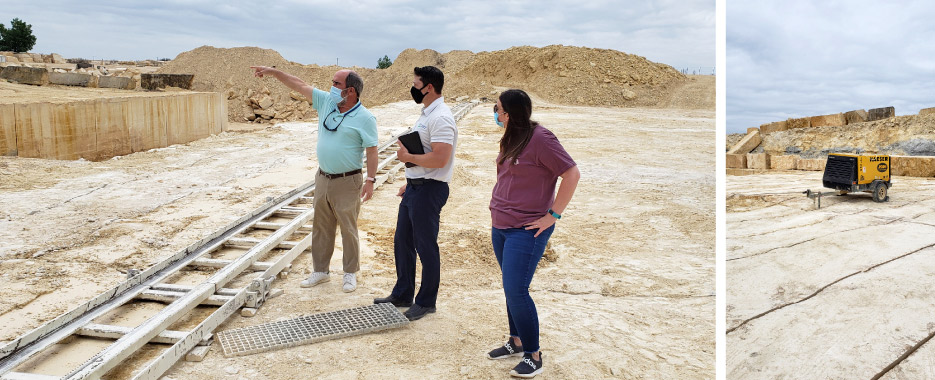 Quarry tour at Continental Cut Stone, Liberty Hill property, showing cut and processed stone panels of Shell Limestone.