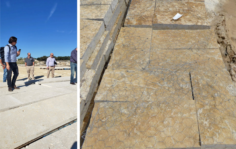 Quarry tour at Continental Cut Stone, Liberty Hill property, showing cut and processed stone panels of Shell Limestone.     Below, Right: Buff splitface limestone blocks, trimmed and dimensioned, and ready for use in construction or hardscaping.