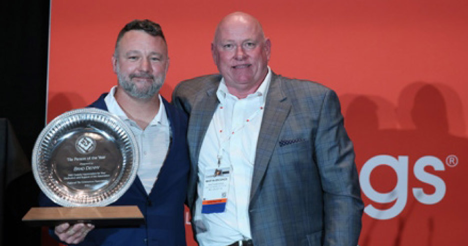 Brad Denny, Vice-President of Nichols Tile and Terrazzo receives the 2021 Tile Person of the Year award, presented by Martin Brookes, 2020 NTCA Tile Person of the Year.