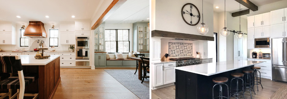 These two open plan kitchens feature pristine white quartz countertops and custom Wellborn cabinets.