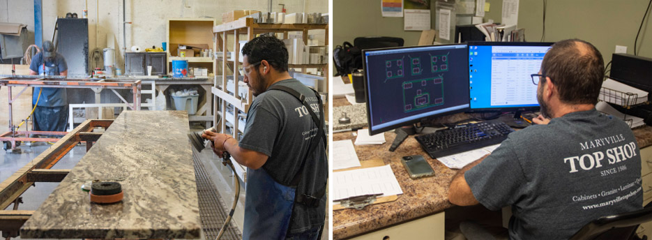 Above, Left: Top Shop production includes everything from hand finishing, like this soft-leathered, full-height backsplash, to full automation — processing tops, edges and cutouts with their three Northwood CNC machines and their Denver Unika5 machine. Their Northwood and Denver CNC machines can run pre-programmed jobs transferred by barcode from Moraware. The shop also uses ALPHACAM and Actionflow software for production workflow management.