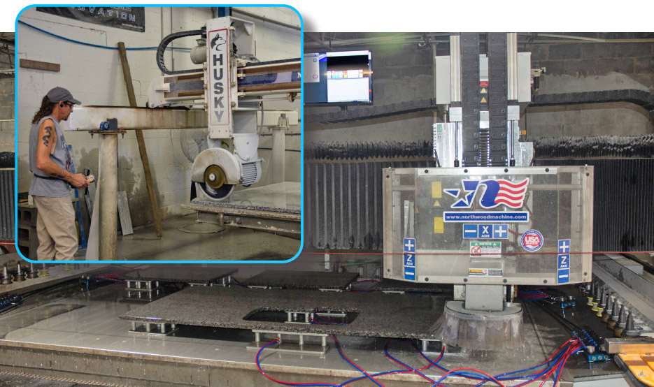 Slab dimensioning and basic cuts are performed with a RYE-Corp Husky saw. One of Maryville Top Shop's Northwood Routers completes a full size island with inset sink cutout.