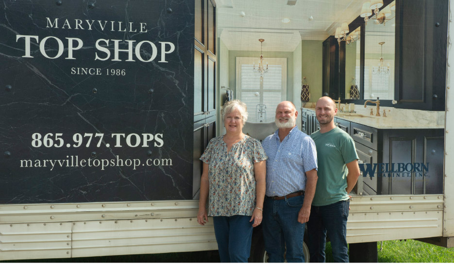 Maryville Top Shop uses a fleet of 6 delivery and installation trucks to keep jobs moving out the door and into customers’ homes. Slabs and branded trucks positioned next to busy highway 321 leading to the Great Smoky Mountains National Park creates excellent visibility for the company.