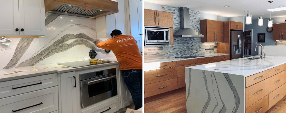 Left: Installing a full-height quartz backsplash. MTS uses a variety of Omni Cubed products to transport and install tops.   Right: Cambria Brittanicca quartz waterfall Island combines custom Wellborn cabinetry in a bright, contemporary kitchen.