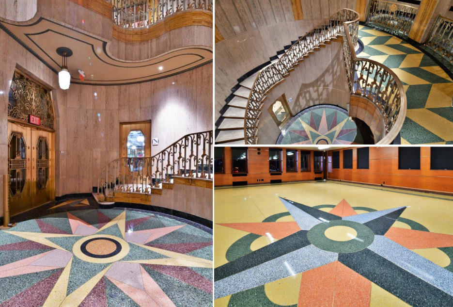 Intricate terrazzo work runs throughout the building. Terrazzo compass stars in the lobby (left) and library (right) after cleaning and restoration. The grand staircase leads to the second floor and guest rooms.