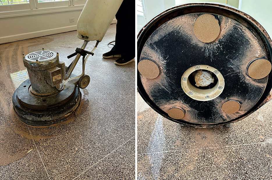  Left: Two  25 lb. weights help maximize down pressure when running Flexible Metal Bond ELF3-40 grit diamonds.  Right: ELF3-40 grit Flexible Metal Bond diamonds for heavy stock removal.