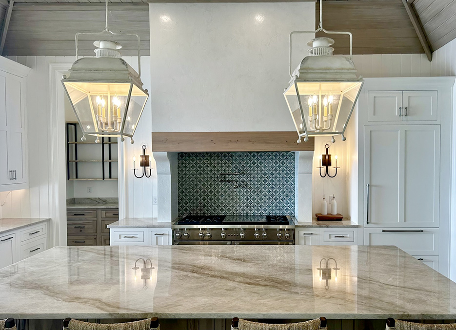 This high-end kitchen installation for a builder partner features a full-slab island.