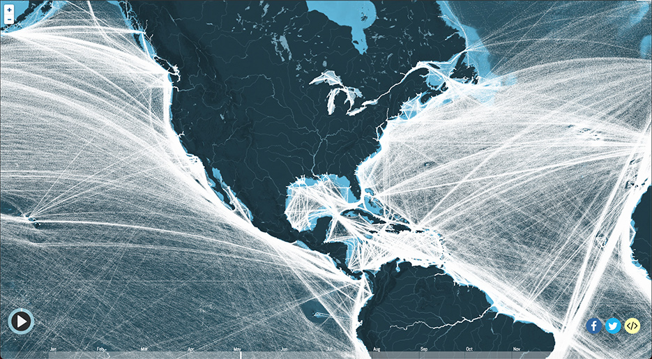 Global shipping routes indicated by the white lines reveal the intricate network of international trade.