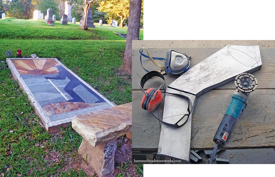 The materials used for the eight-foot long memorial include Absolute Black Granite remnants from a local fabrication shop, for the figure, Tennessee Sandstone for the sunset, Pennsylvania Bluestone for the hills and mountains in the background, and North Carolina fieldstone for the rock outcropping in the foreground.