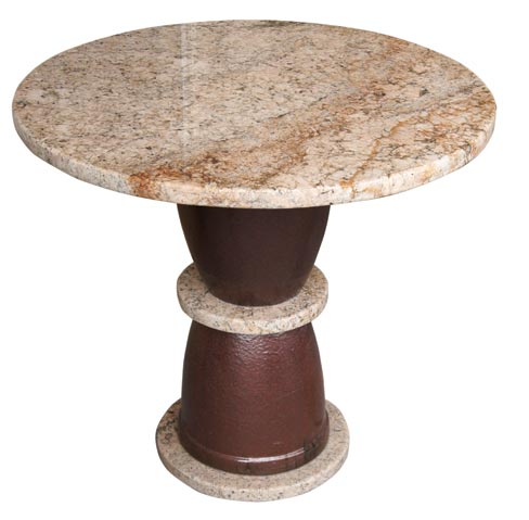 3-tiered round patio table, 42˝ diameter.   Stone: 3cm Giallo Antigua on a steel-threaded reinforced ceramic pillar.