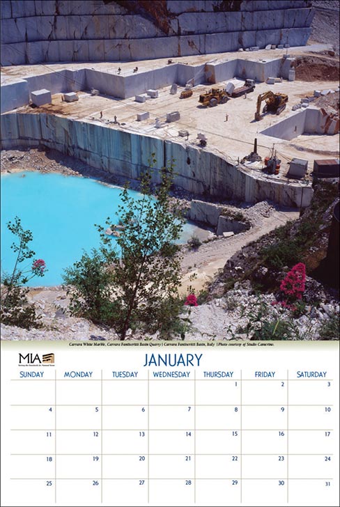 The MIA quarry calendar measures 12.5˝ x 19˝ inches and features a different picture of a stunning quarry each month of the year. All quarry images are printed on a 4 color press.