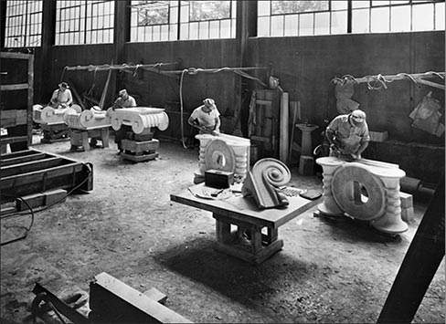 Employees at the Candoro Marble Company, circa 1948 carving, shaping and polishing columns for the Florida Supreme Court building.