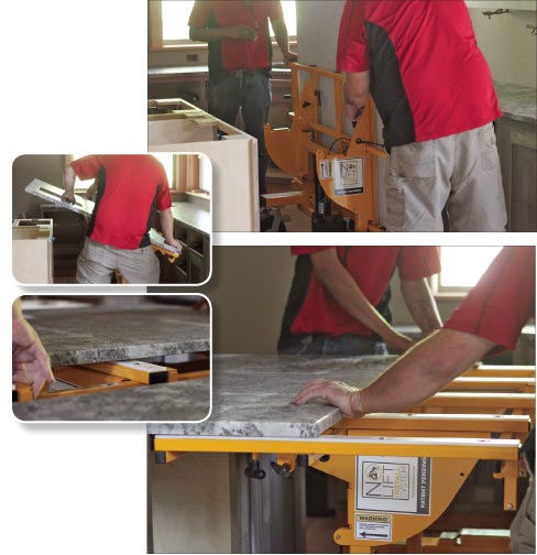 Installing a heavy countertop with the No Lift Install Cart is as easy as roll it in, lift it up and slide it into place. The cart frame features a battery-operated mechanical lift and frictionless roller bearings that make moving the countertop less of a strain on workers, and reducing the lifting injuries common on installation jobs.