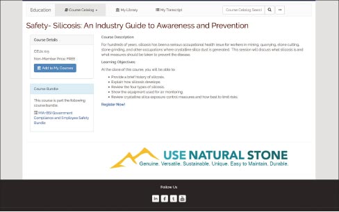 This Natural Stone University resource  discusses what silicosis is and what measures should be taken to minimize exposure and respiration of silica dust.