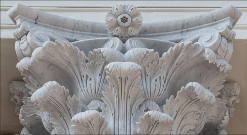 Rugo Stone provided award-winning carving work on the University of Virgina Rotunda, reproducing and replacing the 16 Carrara marble Corinthian order capitals. Photo used courtesy Rugo Stone.