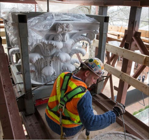 Rugo Stone provided award-winning carving work on the University of Virgina Rotunda, reproducing and replacing the 16 Carrara marble Corinthian order capitals. Photo used courtesy Rugo Stone.