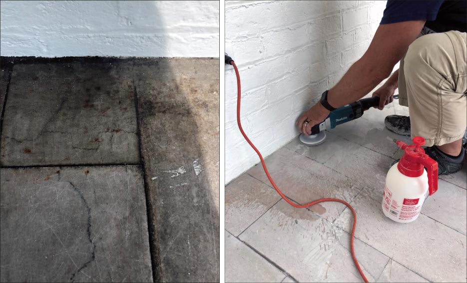 Above, left: Marble flooring before restoration: typical example of the dirty and  deteriorated condition.  Above, right: Edge of flooring after 120-grit honing: finishing up border work with a Makita grinder and flexible metal tool.