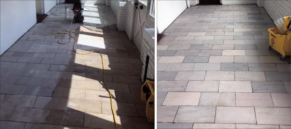 Above left, Before: Marble floor, showing first pass with 120-grit metal discs under the floor machine. Above, right: Marble flooring after first complete pass with the floor machine.