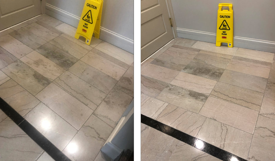 Etching and discoloration resulting from spillage of an acidic bowl cleaner. Apparently, the maintenance worker was careless when moving  between a men’s and women’s commercial restroom.  After grinding and repolishing, this Tennessee marble floor is once again looking spectacular.