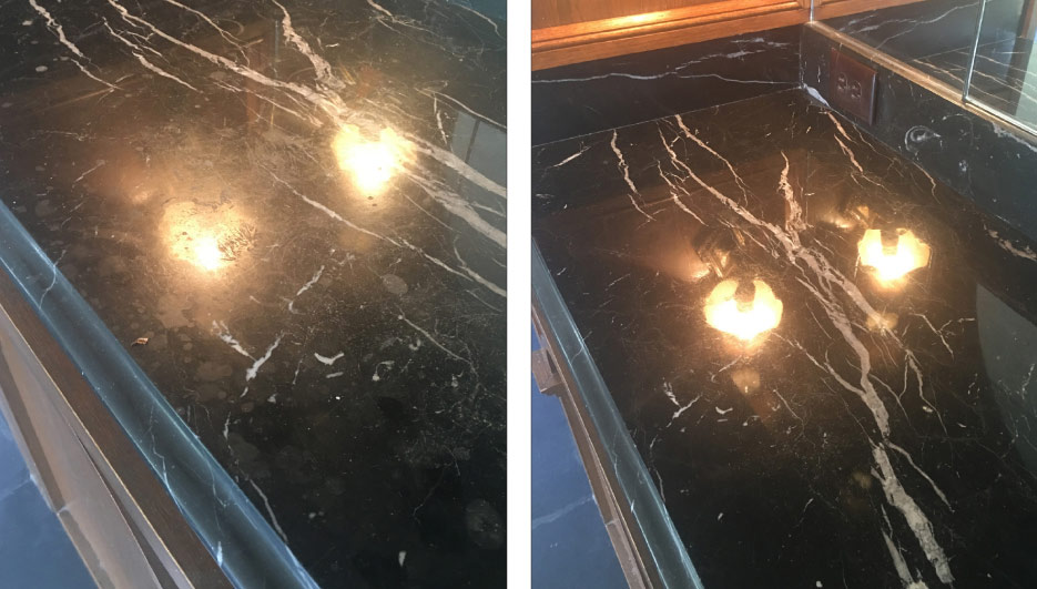 Above, left and right: before and after restoration shows how improper use of simple household cleaning products and spillage can etch and damage a marble counter. Fortunately, this antique Black marble was honed and repolished back to its former glory – but not without a lot of time and effort.