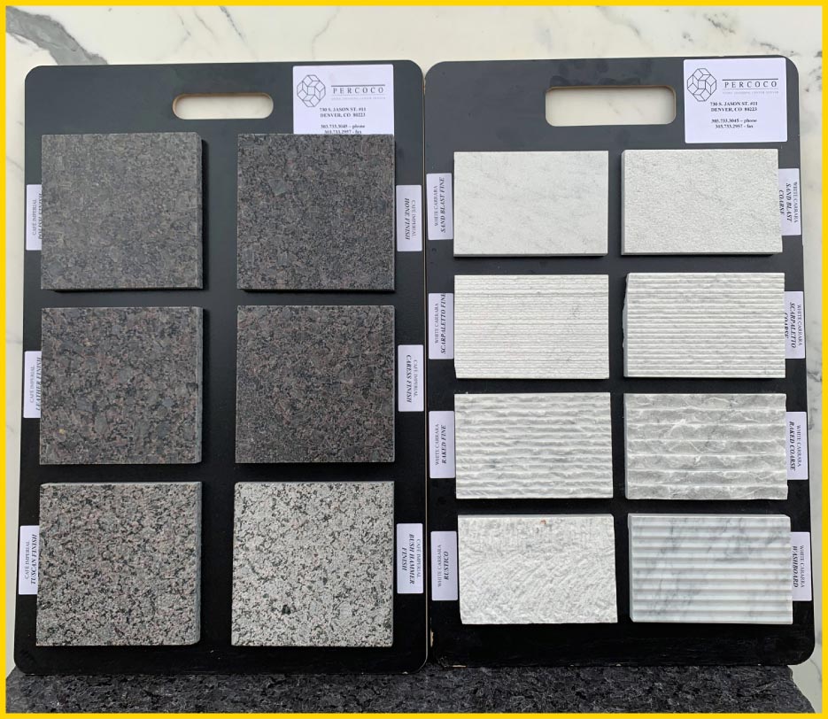 Sample boards show range of finish variations using Café Imperial granite (left) and White Carrara marble.