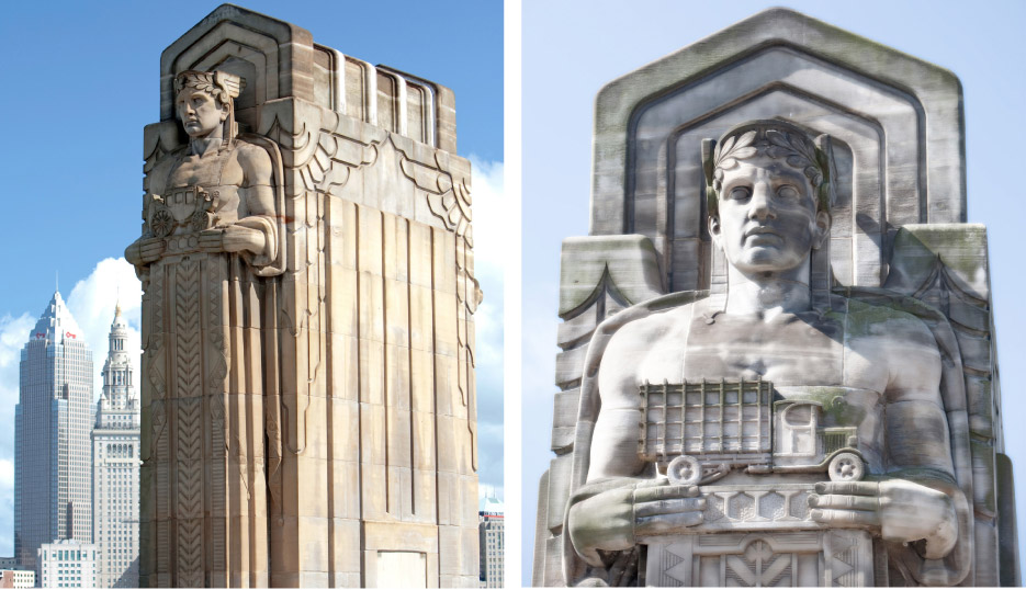 Eight towering Berea sandstone Guardians of Transportation keep vigilant watch on Cleveland’s Hope Memorial Bridge. 