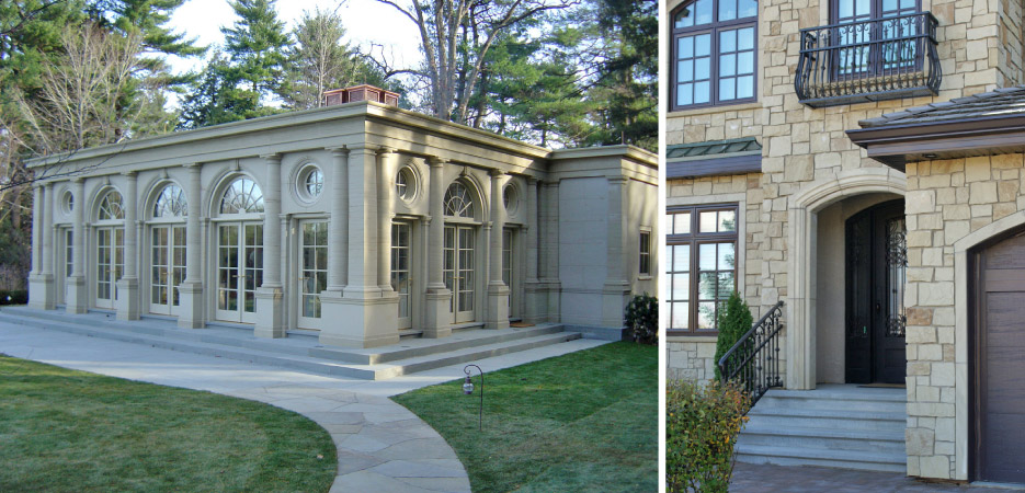 Two iconic private residences showcase the different faces of this versatile limestone: Birmingham Buff dimensional sandstone and flagstone walkway, and Birmingham Buff veneer and cut stone façade.