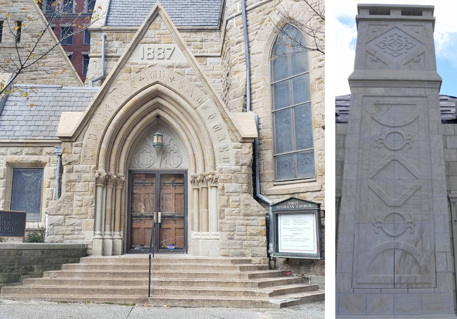 Birmingham Buff veneer and cut stone façade.   Birmingham Buff polished and relief carved chimney.