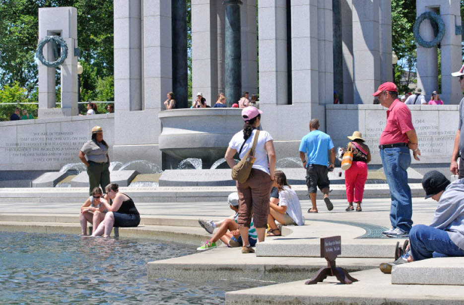 The WWII Memorial attracts millions of visitors each year. The Rainbow Pool, surrounded by White Mount Airy granite coping, is a common destination for sitting and reflecting. 