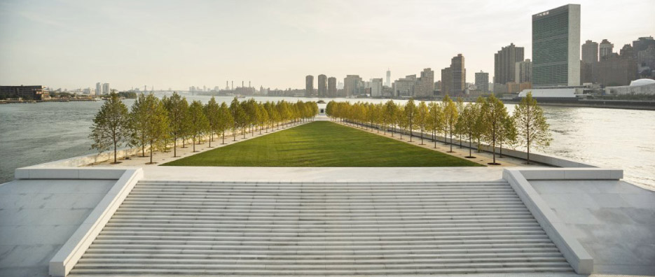 The Four Freedoms Park on the tip of Roosevelt Island uses over 140,000 cubic feet of Mount Airy granite. This smooth, faultless stone is among the finest of its kind in the world. 