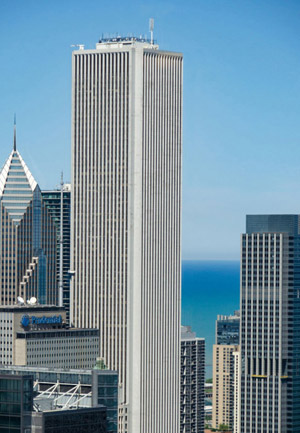 Aon Center Building in Chicago features White Mt. Airy cladding. White Mount Airy granite was chosen as a replacement cladding for its ability to stand up to Chicago weather and retain its brilliant  white luster.