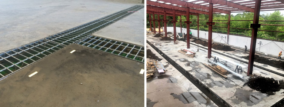 Testing the water flow. Heavy-duty hot dip galvanized grates are used for Rockcrete trench drain system.  Right: The excavation is complete and ready for the formwork to be built.